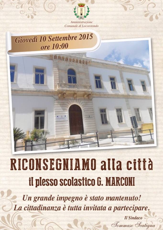 Locorotondo: domani l’inaugurazione plesso “G. Marconi”