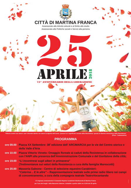 1945-2018: 73 anni dalla Liberazione. Gli eventi del 25 aprile a Martina Franca