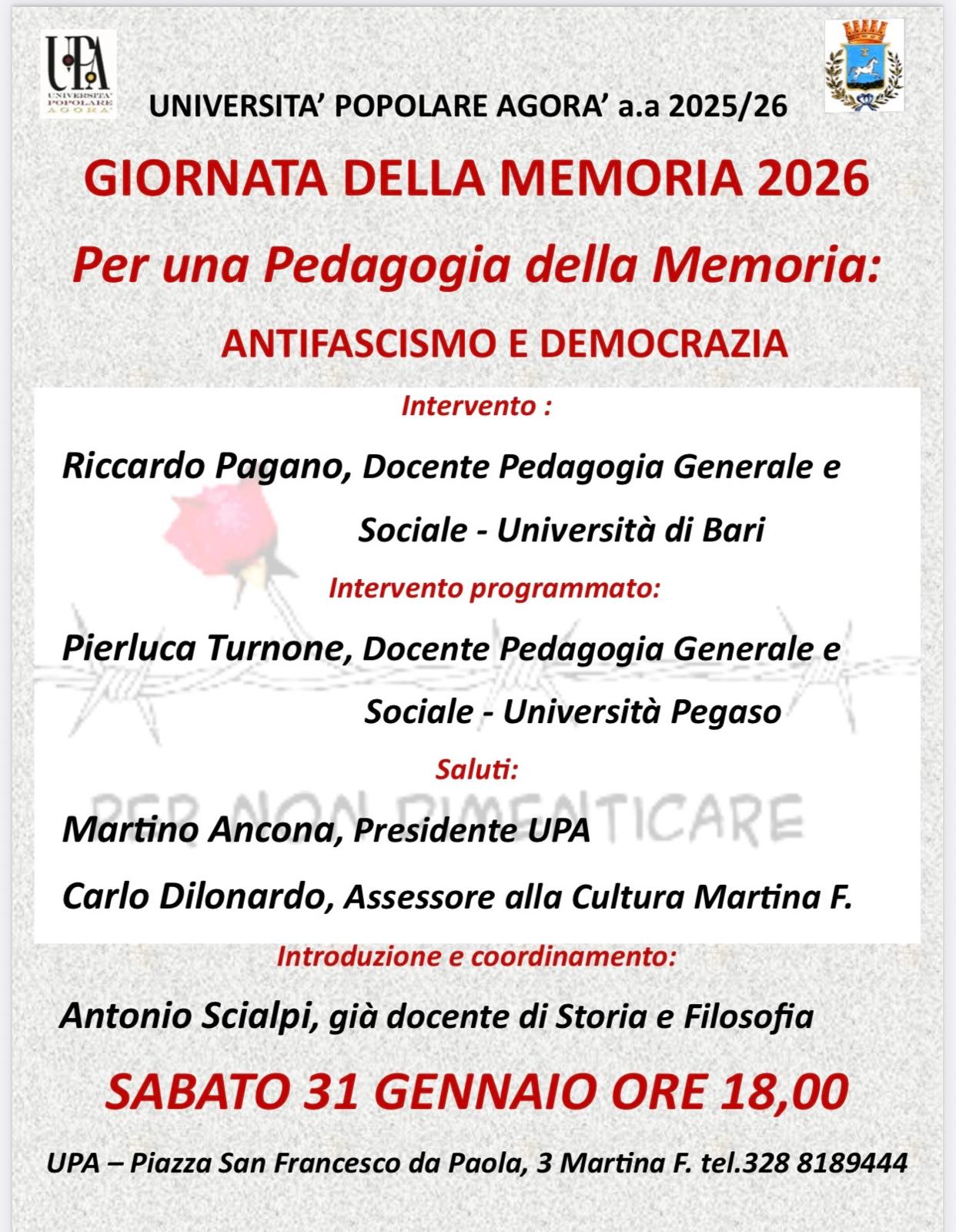 “Per una pedagogia della memoria”. Sabato un appuntamento all’UPA